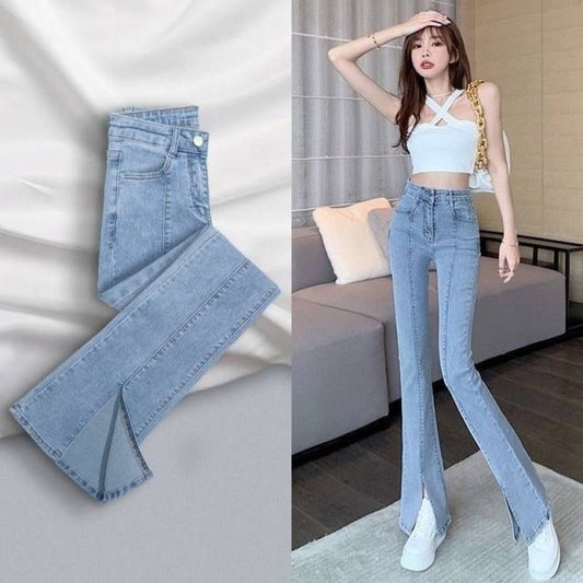 Lysefarvet figursyet jeans med slids, der får dig til at se højere ud