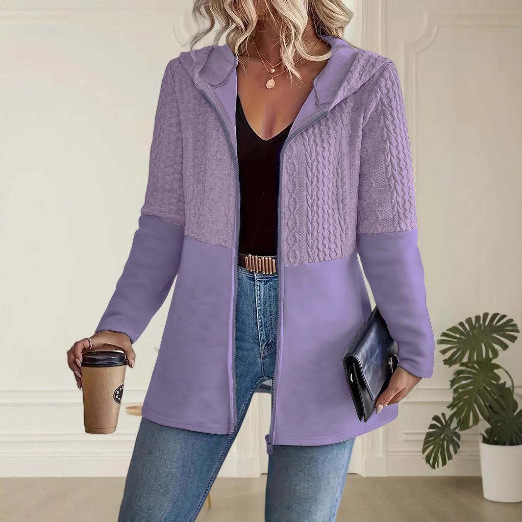 Womens AutumnWinter Solid-Color Ripple-Panel Casual Loose Hooded Jacket Coat