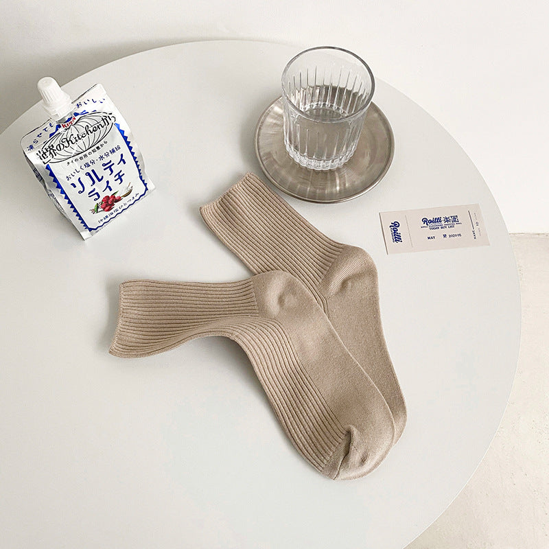Women's Double Needle Vertical Strip Solid Color Medium Tube Pile Socks