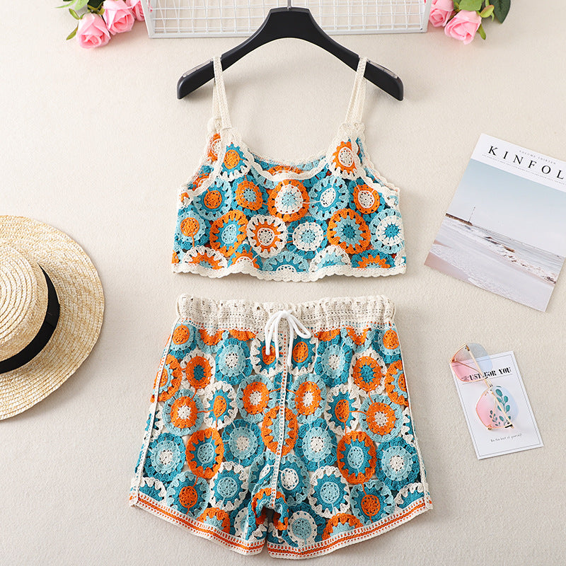 Top High Waist Embroidery Shorts Two-piece Set