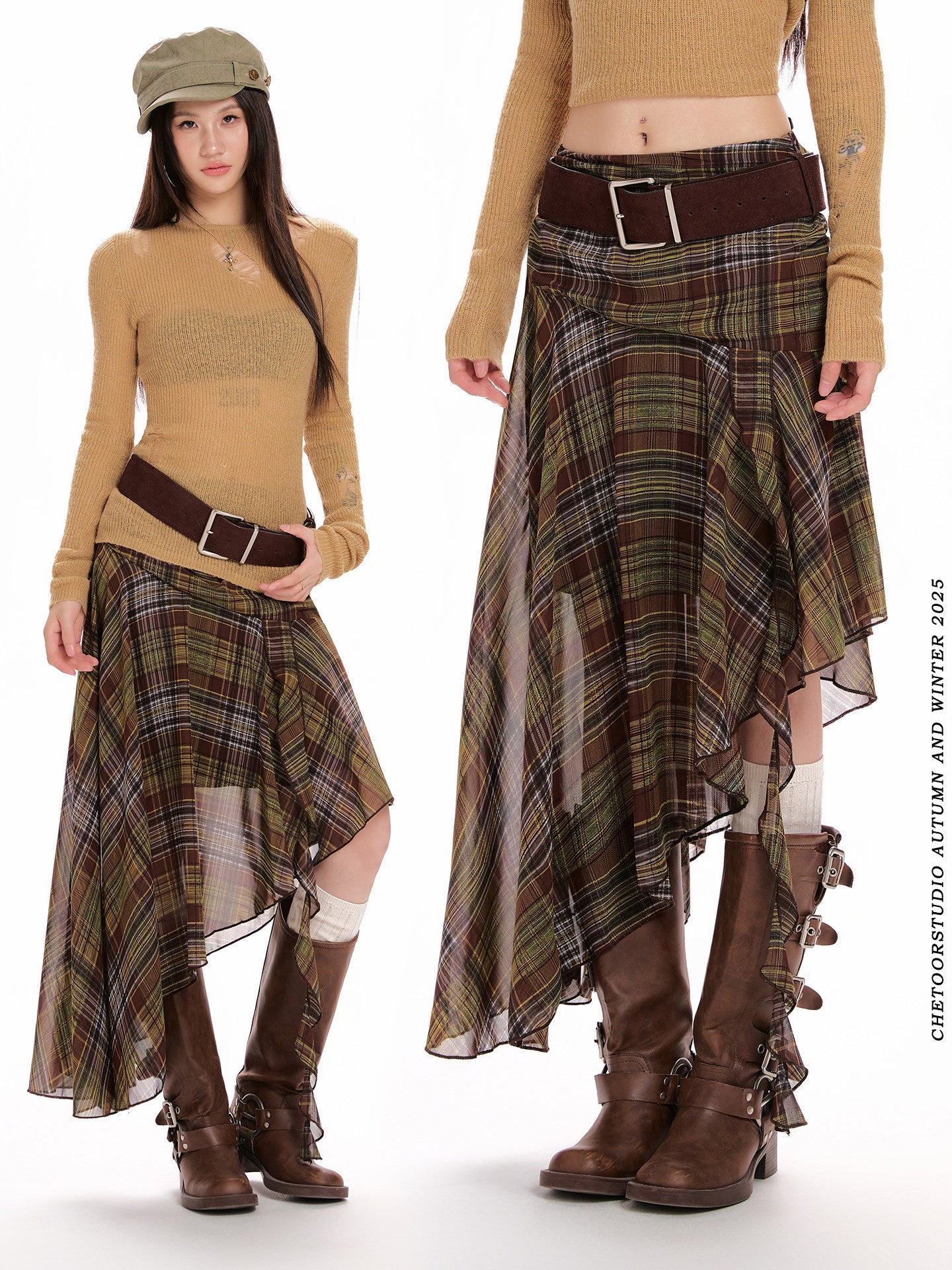 Green Chiffon Plaid Asymmetrical Skirt