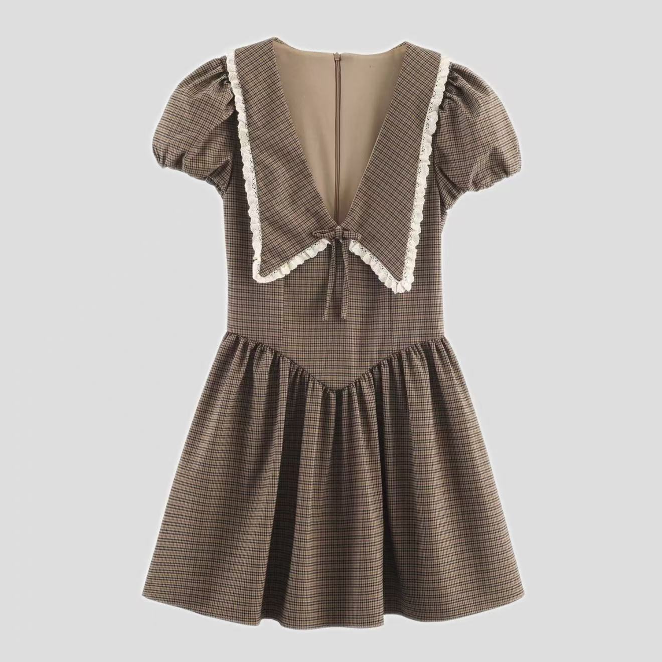 Womens Stylish Elegan Slim-Fit Plaid Lapel Dress