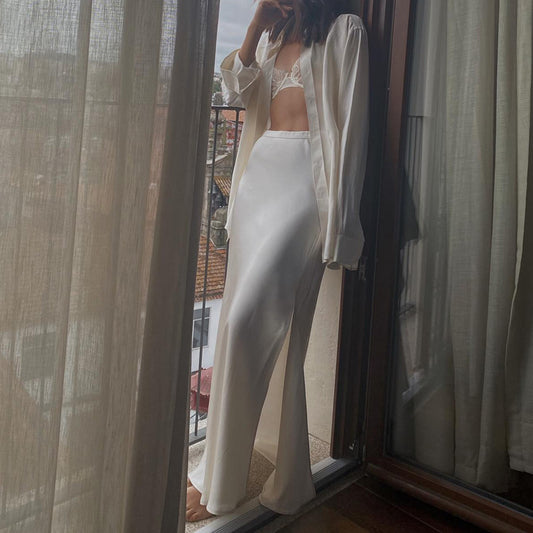 Satin Draping Side Slit High Waist Maxi Skirt