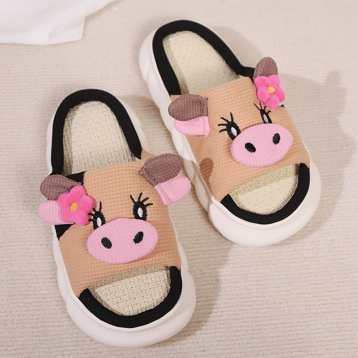 Cute Cow Linen Shit Feeling Interior Non-slip Deodorant Outer Wear Platform Slippers