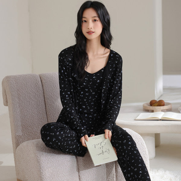 Threaded Colored Cotton Bra-padded Camisole Three-piece Set