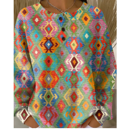 Womens Retro Printed Three-Button Stand-Up Collar Sweatshirt Top