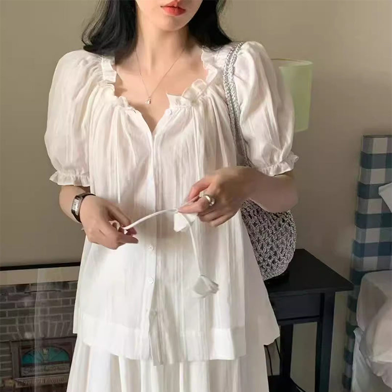 Women's Drawstring Wooden Ear Design Loose Puff Sleeves Shirt
