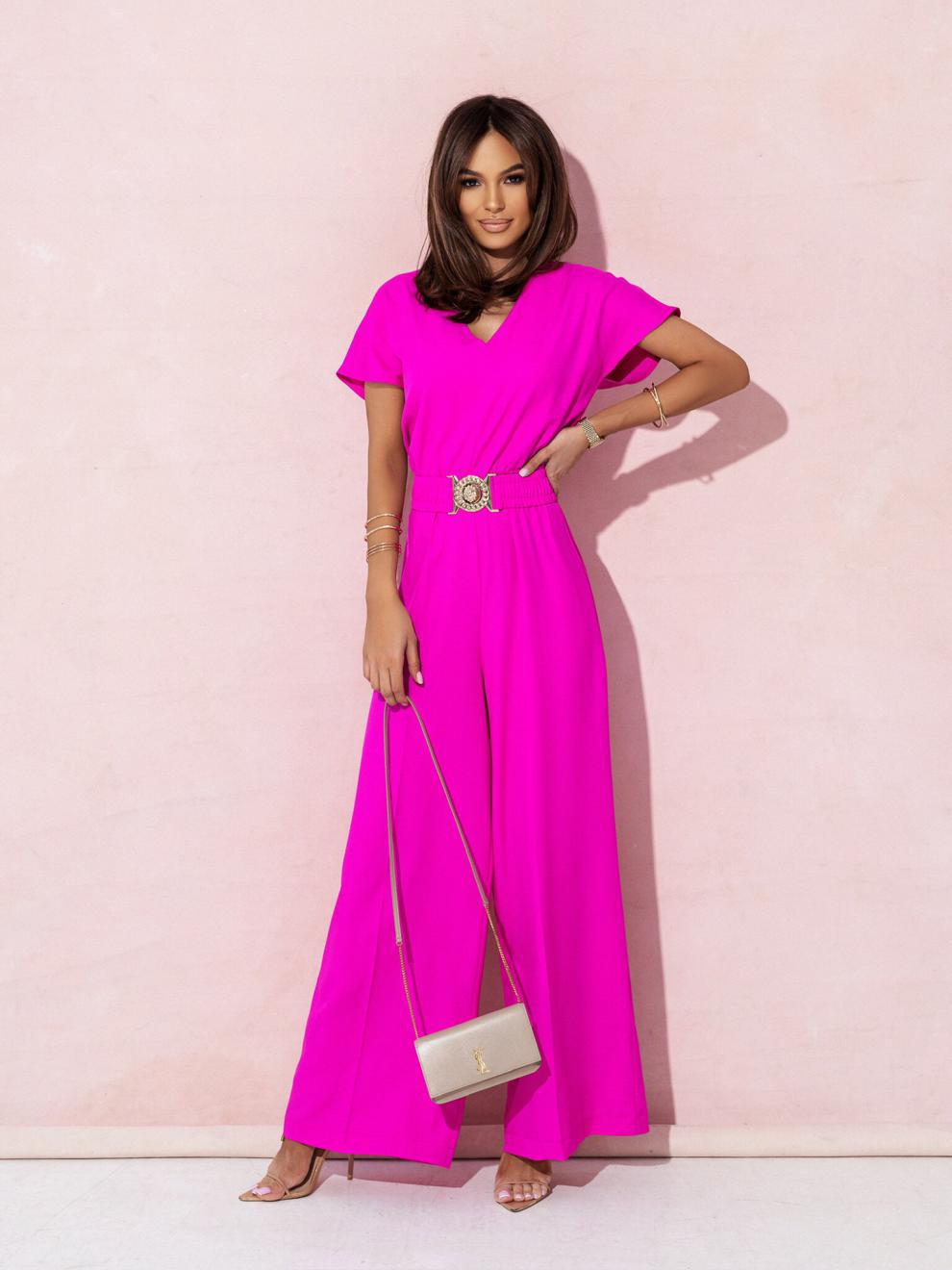 Solid Color And V-neck Waist Trimming Short-sleeved Casual Trousers Jumpsuit
