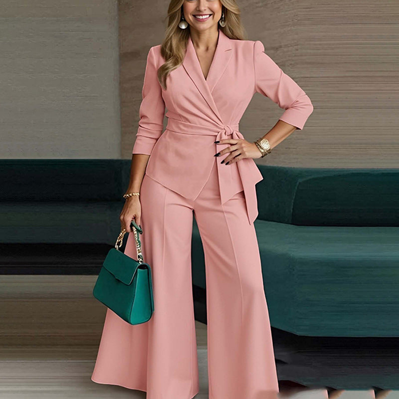 Long-Sleeve Casual Minimalist Pants With Lace-Up Top Two-Piece Set