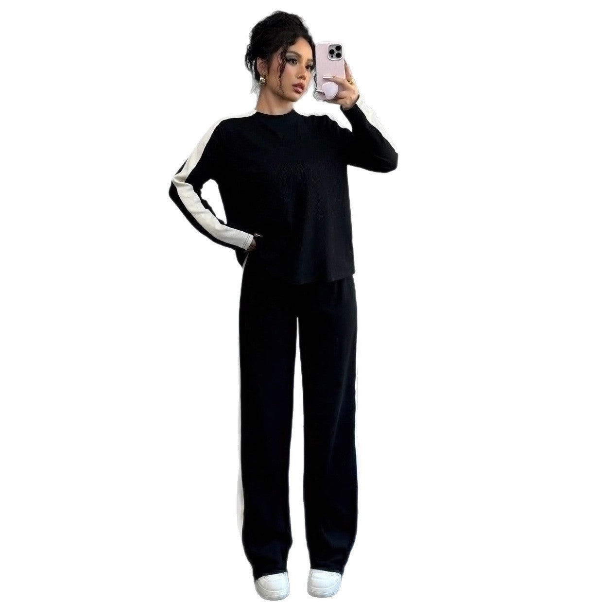 Trousers Suit European And American Autumn And Winter Women Color Contrast Patchwork Fashion Two-piece Suit