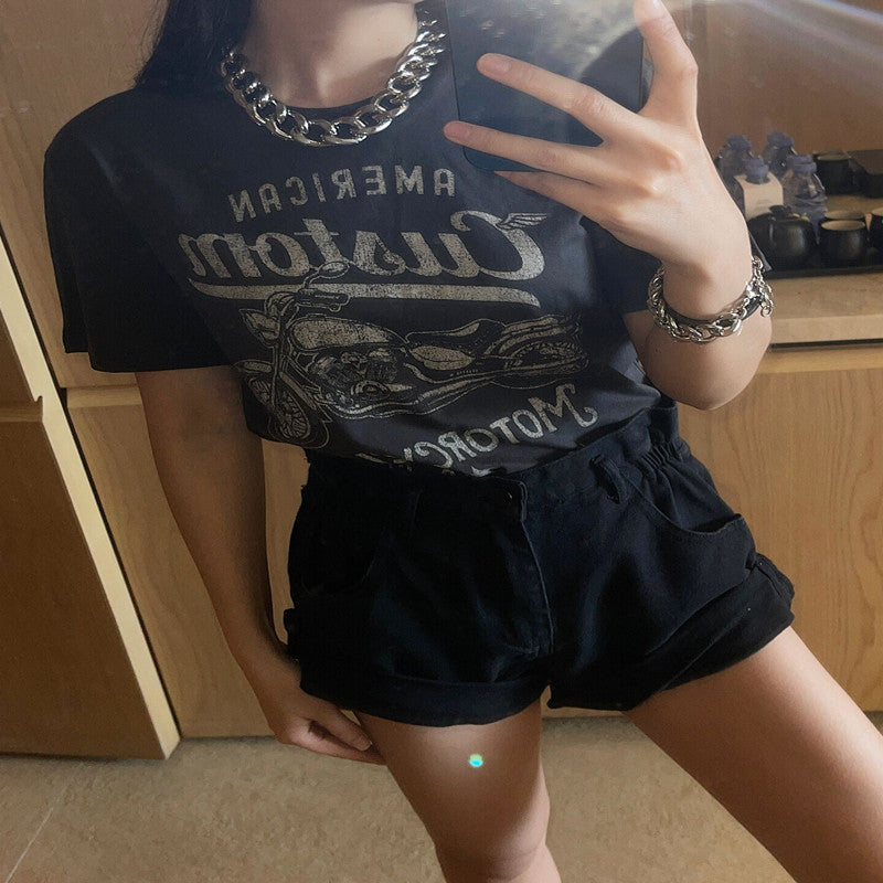 Style Retro Distressed Printed Short-sleeved Women's Round Neck Loose