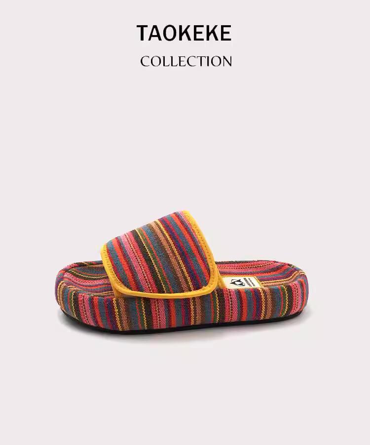 Paste Thick-soled Slippers Women Summer New Niche Design Rainbow Color Canvas Casual Outerwear Flip Flops