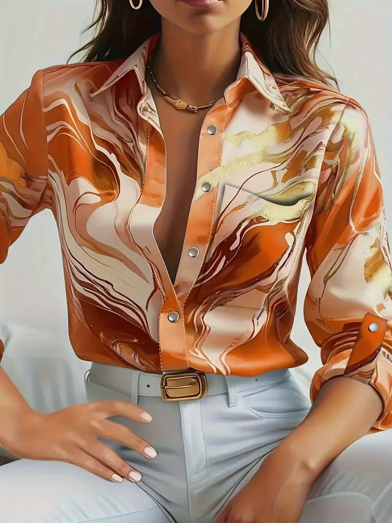 Season Fashion Casual Loose Button Long Sleeve Printed Shirt For Women