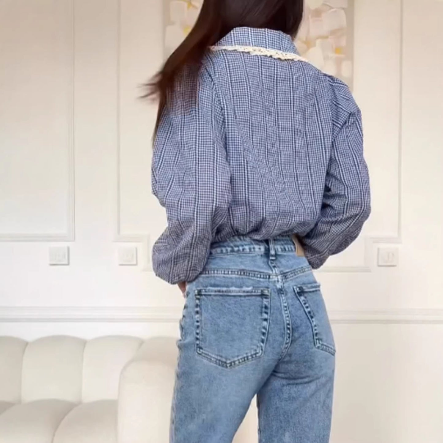 Loose Fitting Long Sleeve Shirt With Blue Plaid Lace Panels
