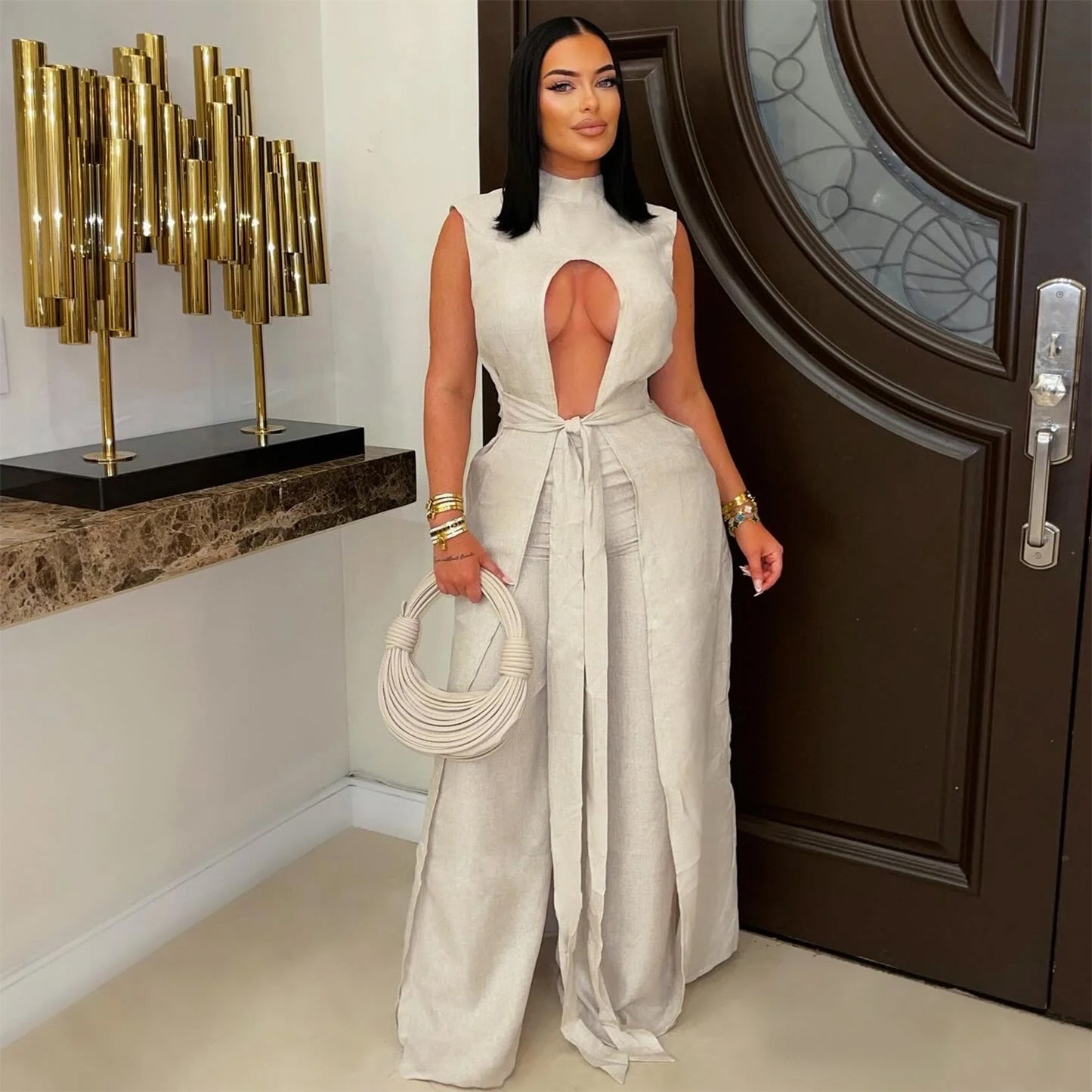 Fashion Women's Wear Sexy Solid Color Lace-up Sleeveless Trousers Suit