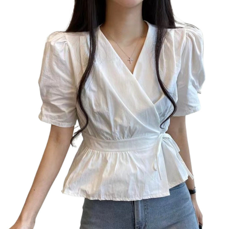 Simple Solid Color And V-neck Back Elastic Lace Waist Trimming Short Shirt For Women