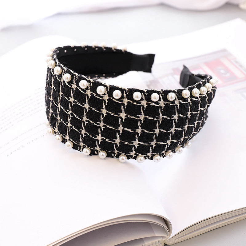 Pearl Headband Classic Ethnic Plaid Fabric