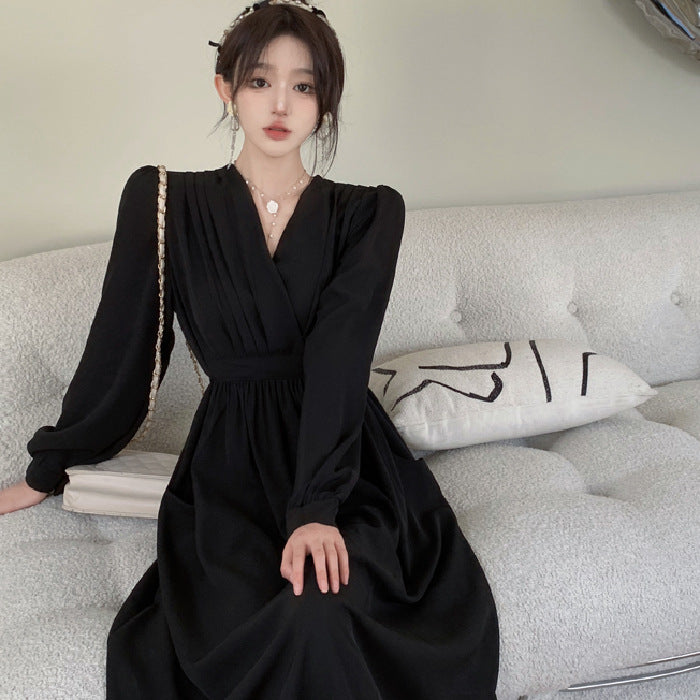 Elegant Long Sleeve V Neck Solid Color Dress