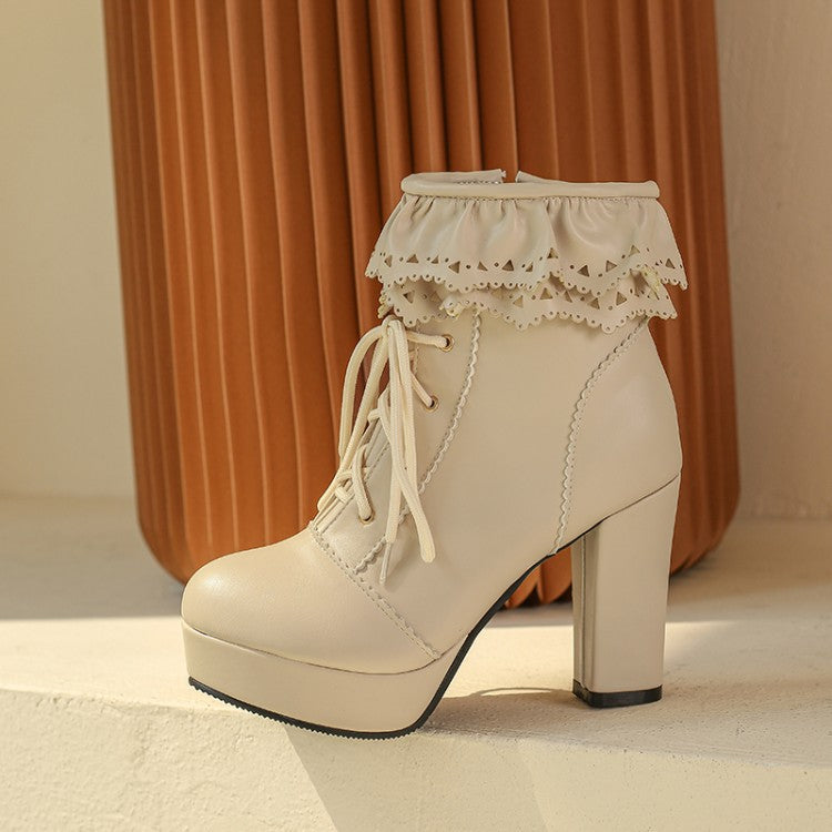 Autumn And Winter Lace Up Women's Thick Heel Lace Fashion Boots