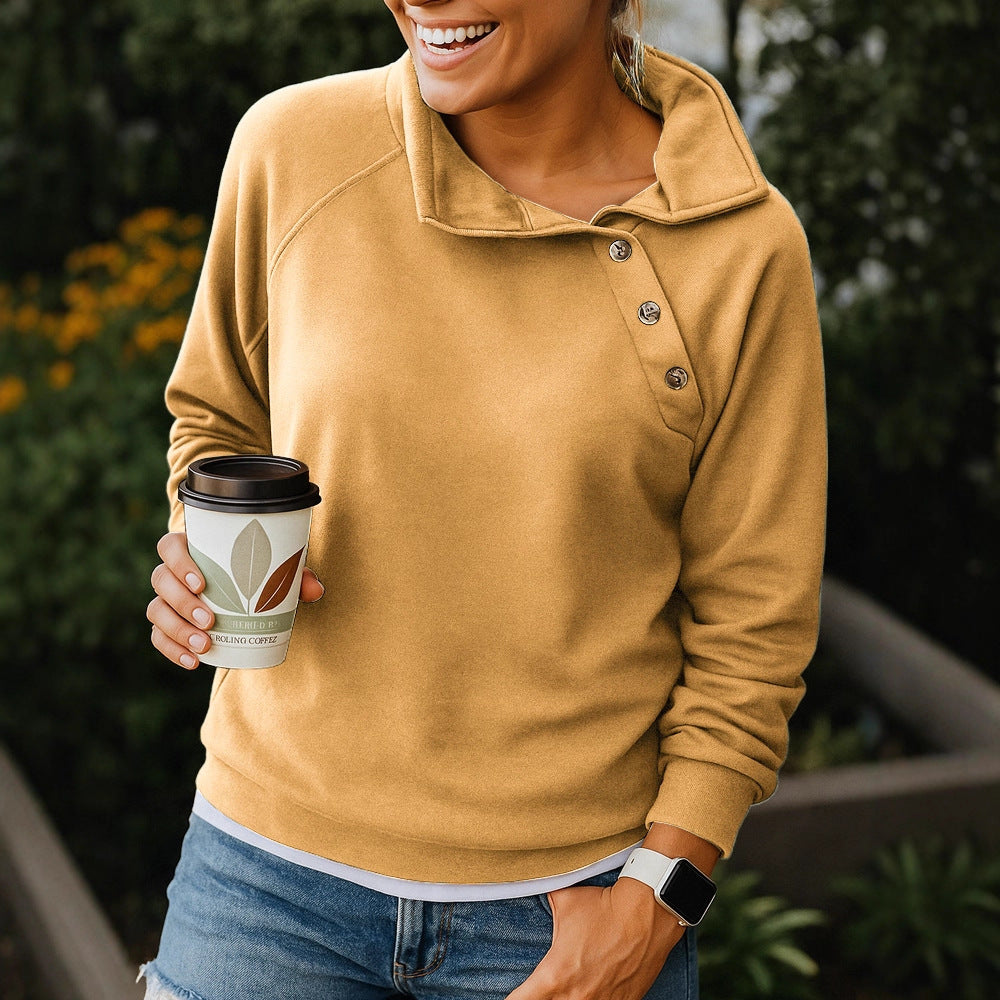 Casual Loose And Stylish Long Sleeves Button Diagonal Collar Sweater