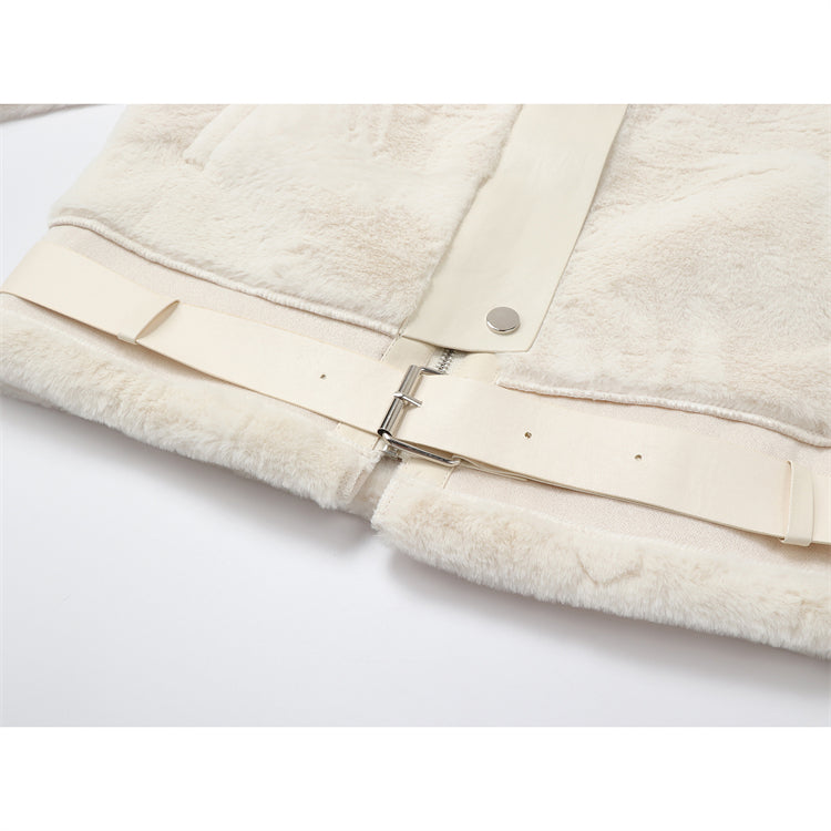 Women's White Stand Collar Motorcycle Cotton Coat