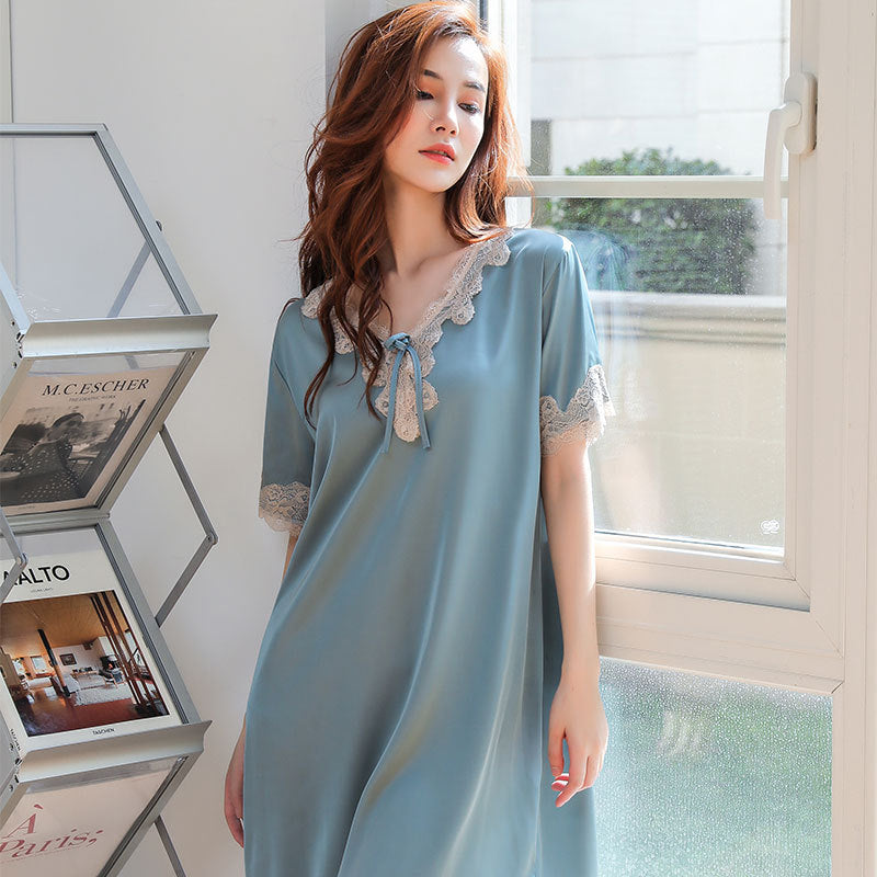 Womens Summer Ice Silk Loose Plus-Size Nightdress