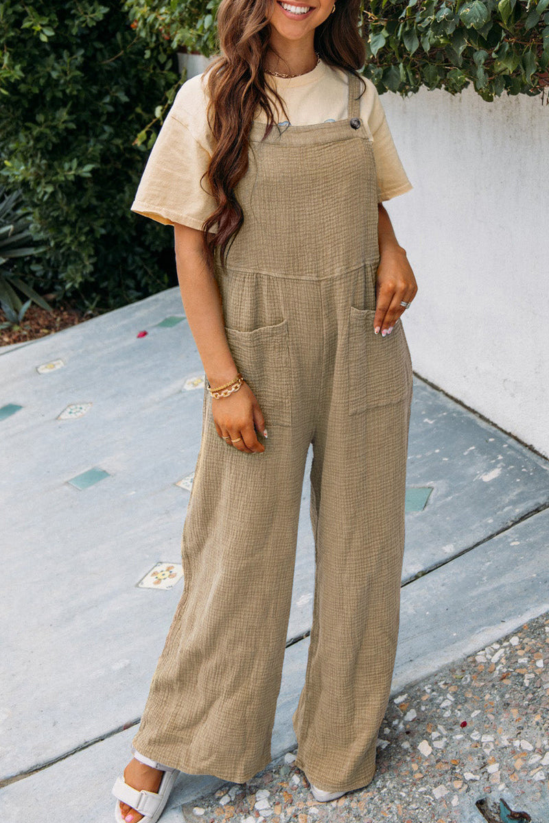 Fashion Square Neck Jumpsuit Med Lommer Forår Sommer Casual Ensfarvet Løs Overall Damebeklædning
