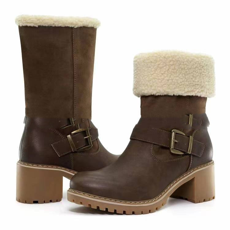 New Women's Low Barrel Pure Color Velvet Cotton Warm Belt Buckle Snow Boots
