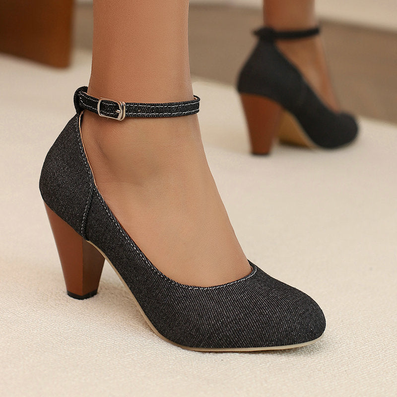 Denim Fabric Women's High Heel Buckle Waterproof Platform