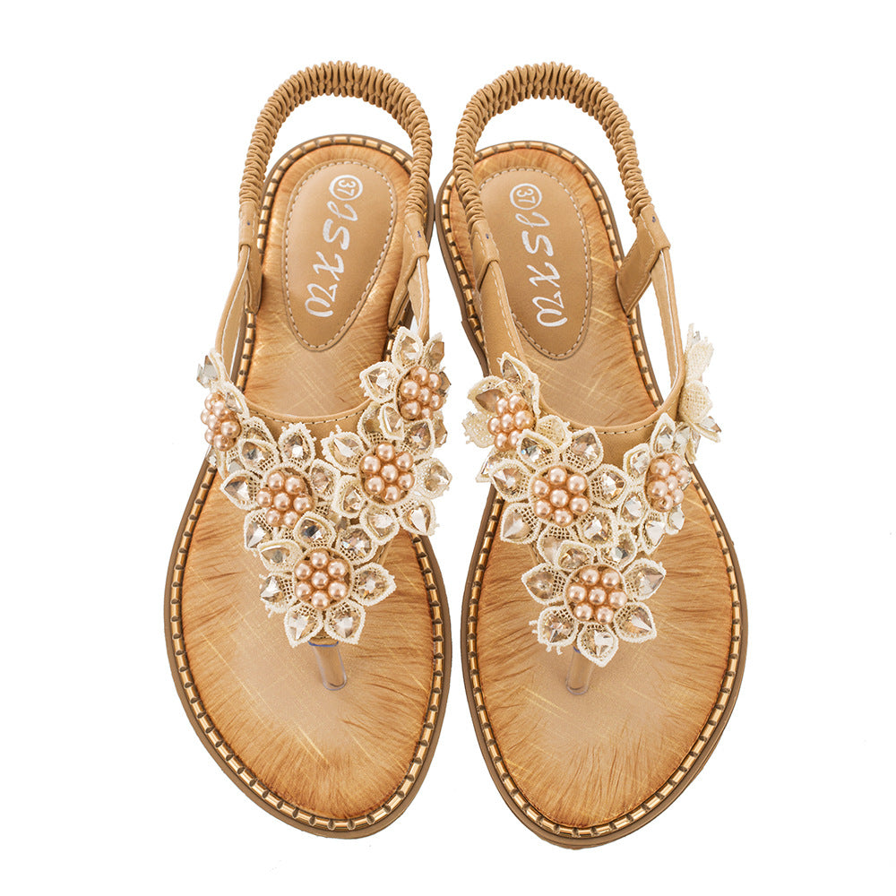 Bohemian Style Handmade Flower Round Toe Flip Flops Women's Fashion All-match Trend Sandals