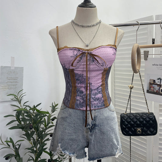 Vintage Ink Painting With Chest Pad Short Lace Up Tube Top For Women