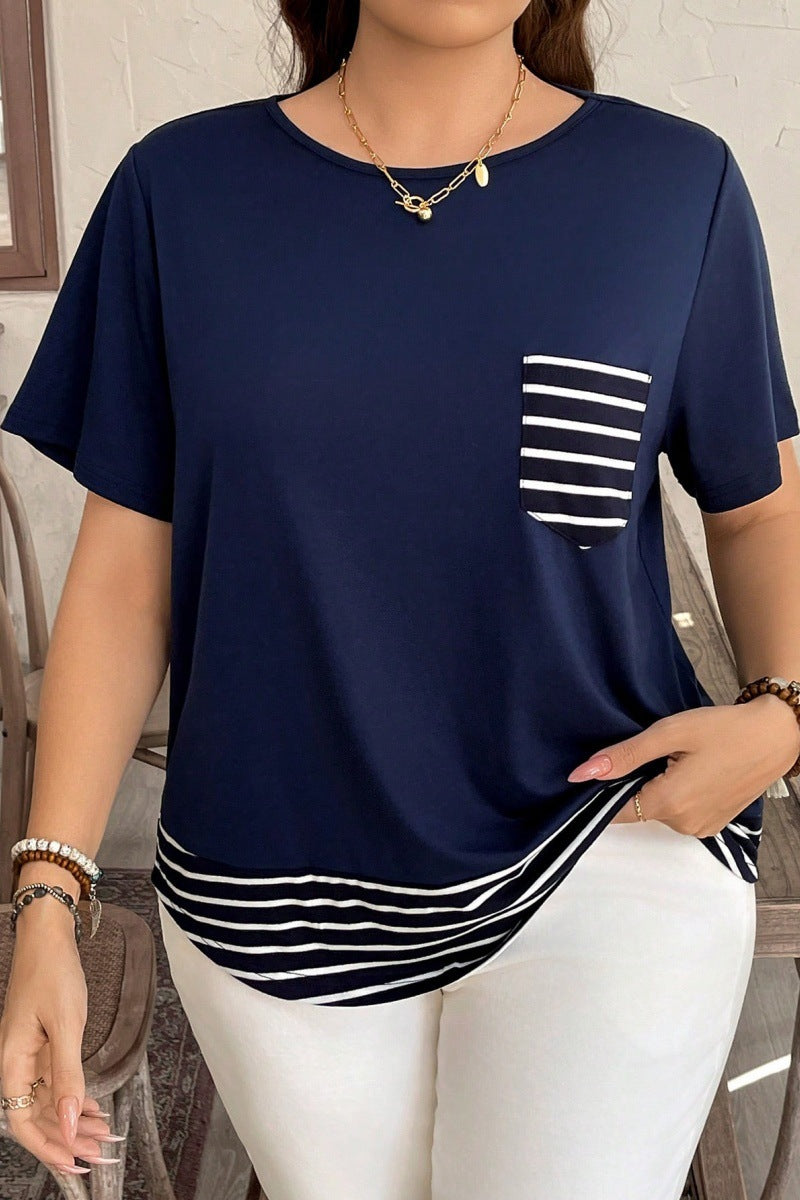 Patchwork Stripes Round Neck Loose Short Sleeves Fake Two-piece Top