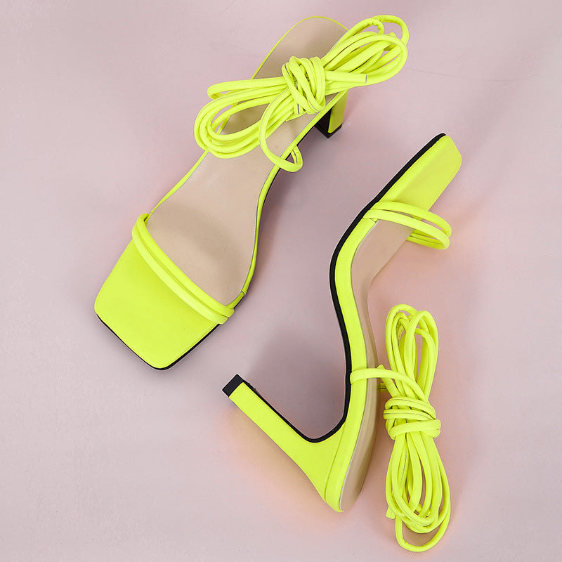 Strapless Candy Color Stiletto High Heel Women's Shoes Roman Square Toe Fashion Sandals
