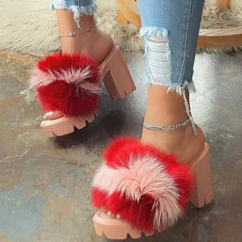 Waterproof Platform High-heeled Sandals Women's Plus Size Color Plush Slippers