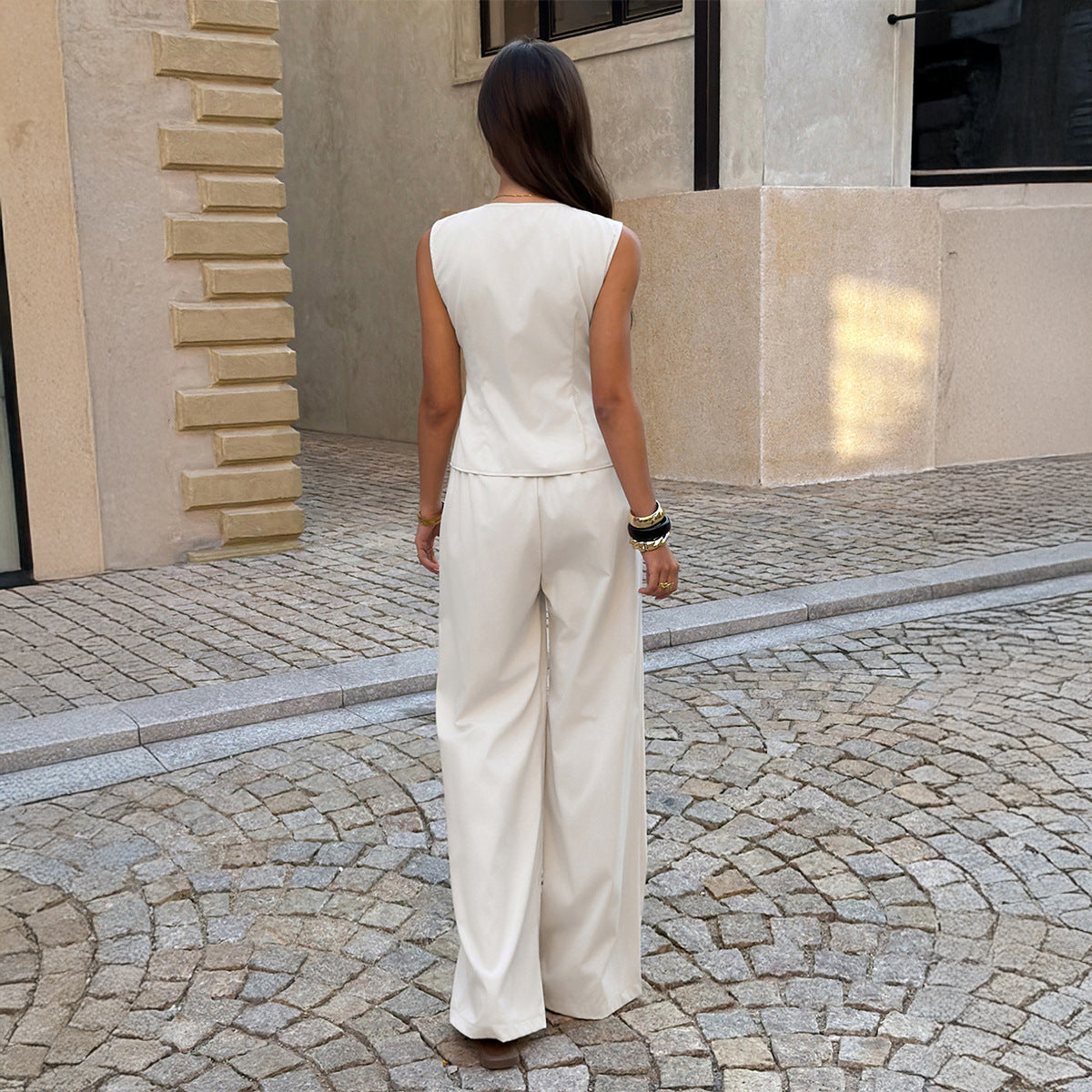 Beige Waist Cinching Vest Set For Women