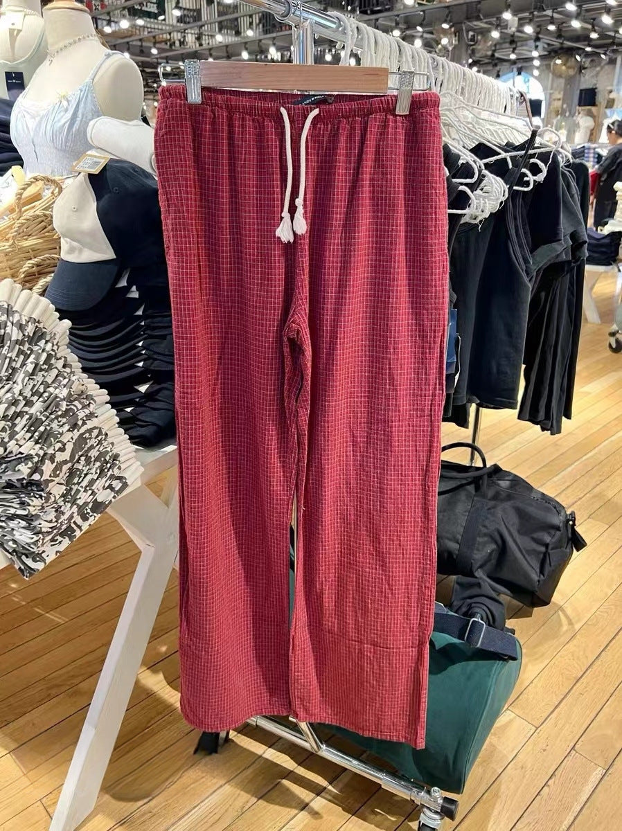 Løse og elastiske casual bukser til kvinder med bindebånd og rødt ternmønster