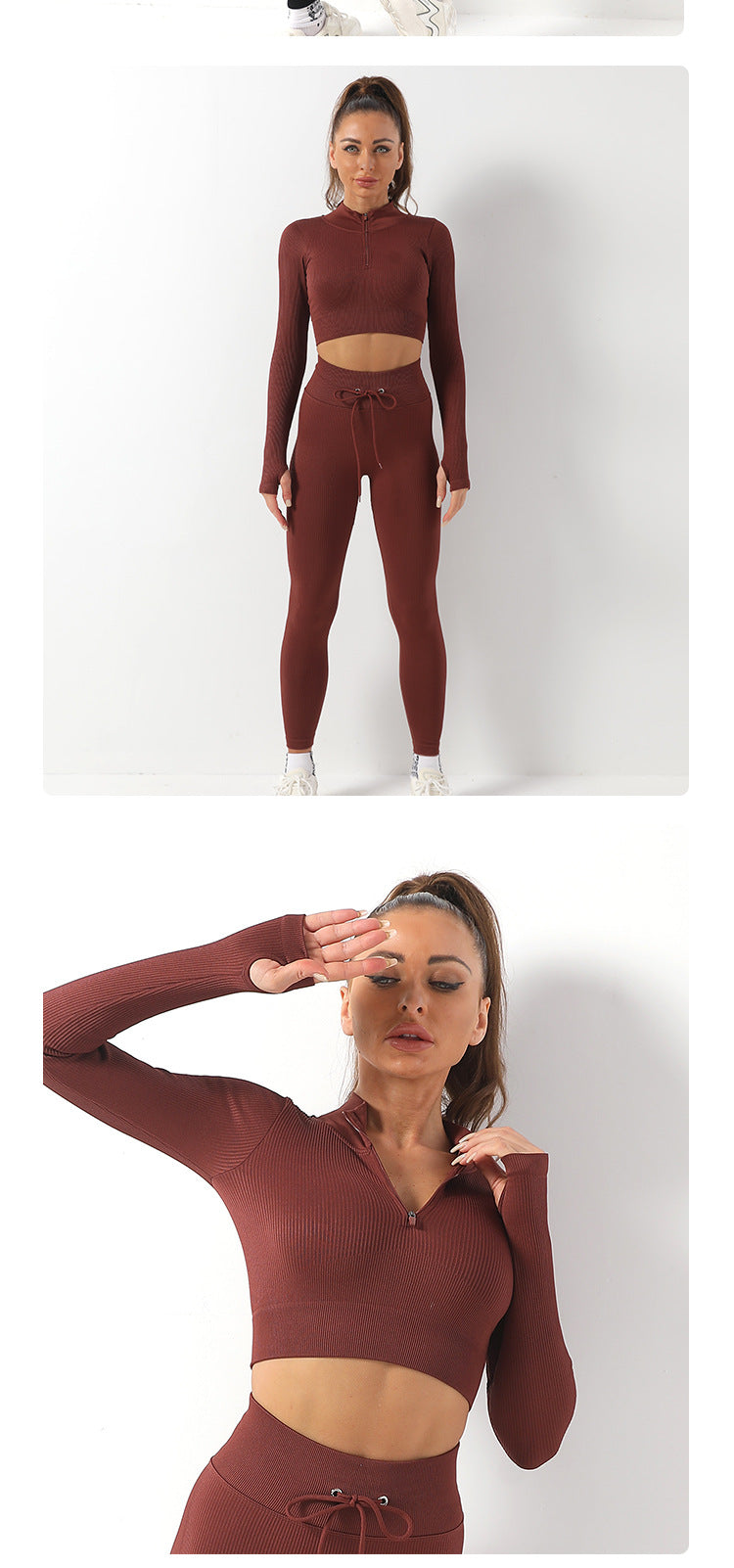 Seamless Zipper Tight Long Sleeve Hip Lifting Drawstring Yoga Suit