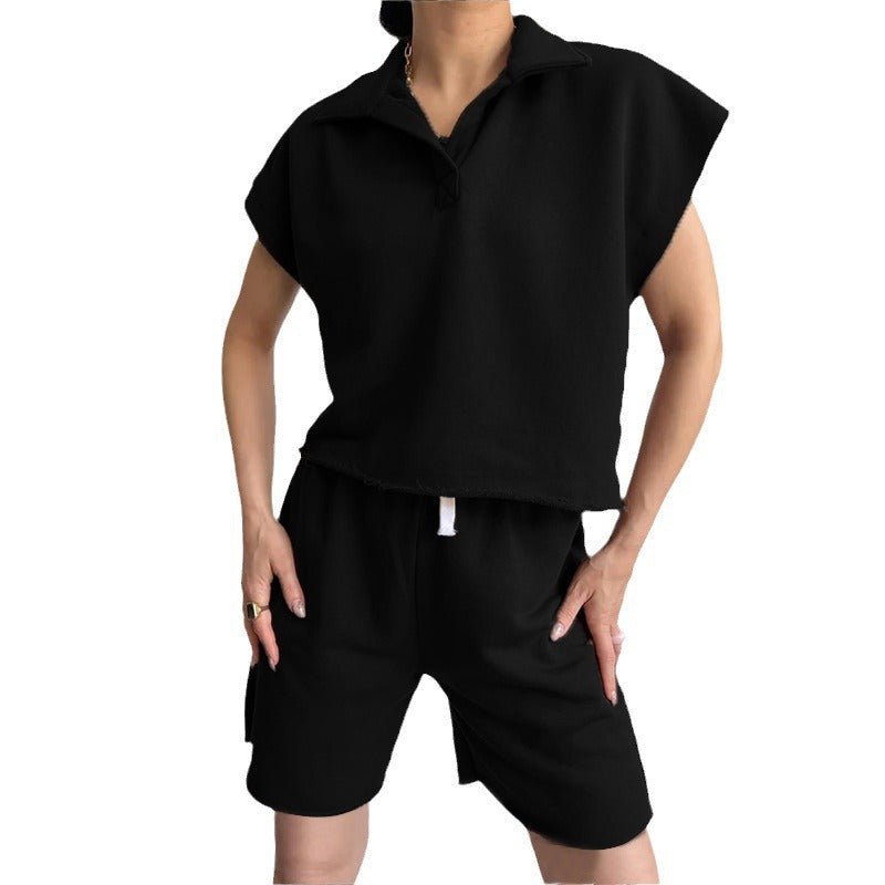 Lapel-collar Full-sleeve Loose Top And Drawstring Shorts Set