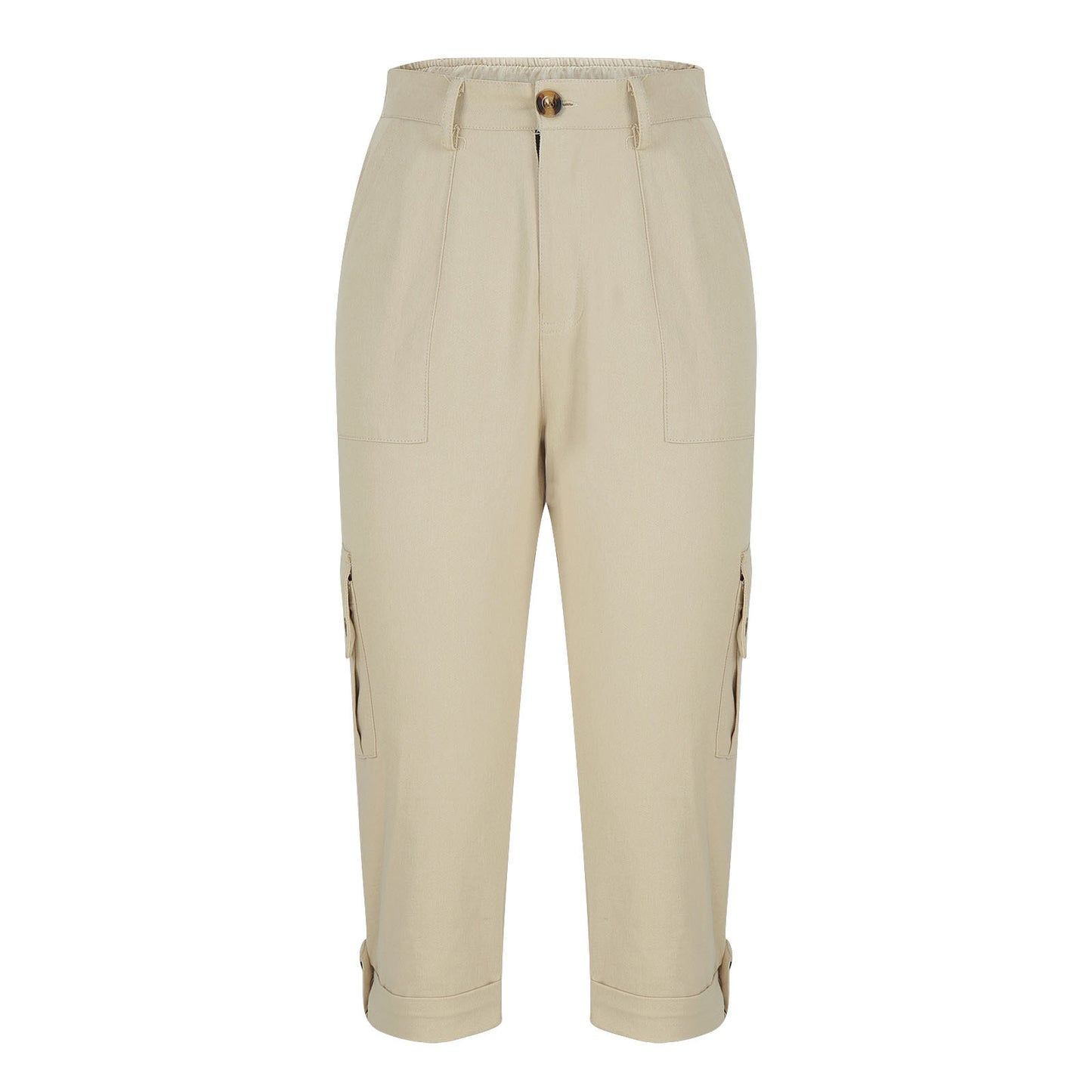 Solid-color Casual Cropped Pants With Multiple Pockets