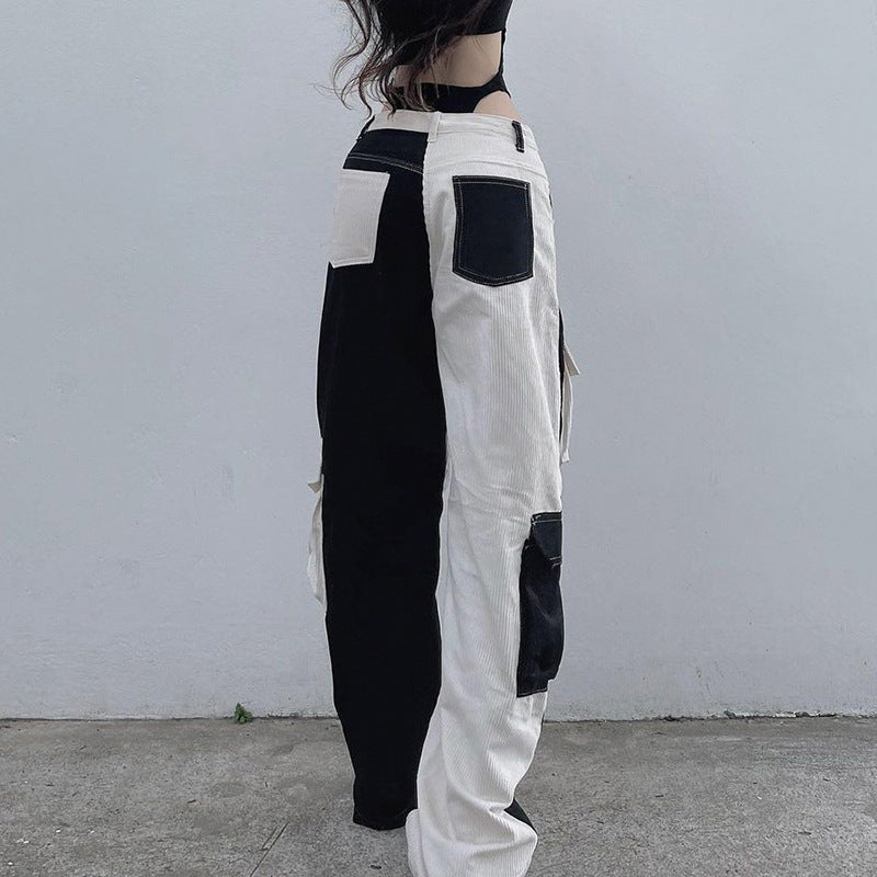 Multi Pocket Contrast Stitching Elements Low Waisted Corduroy Pants