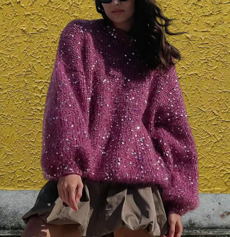 European And American Loose Round Neck Fashion Sequined Mohair Sweater Lantern Sleeve