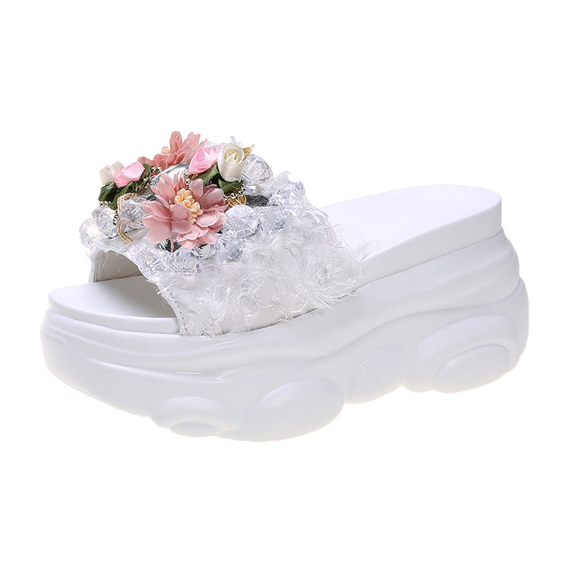 Søde damesandaler med rhinsten, tyk bund og blomster