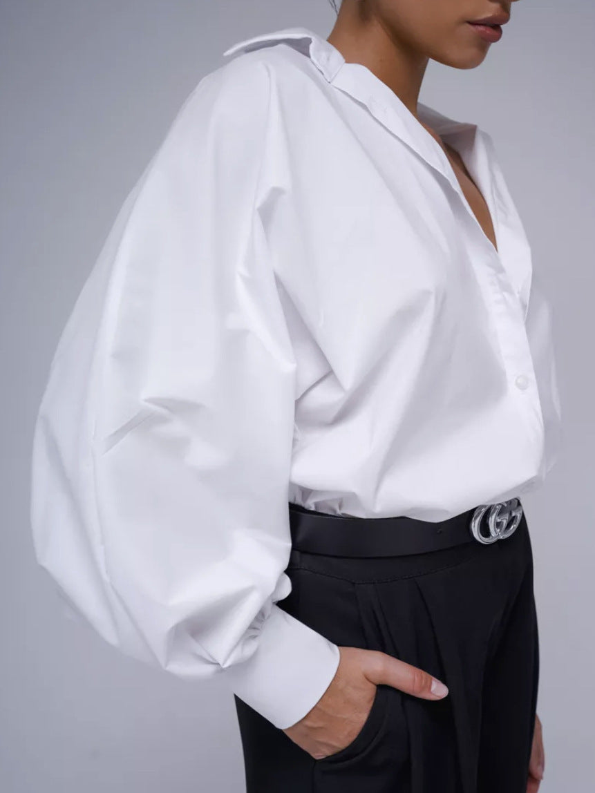 Retro Elegant Bubble Sleeve V-neck Top Shirt Sexy Casual Blouse Women