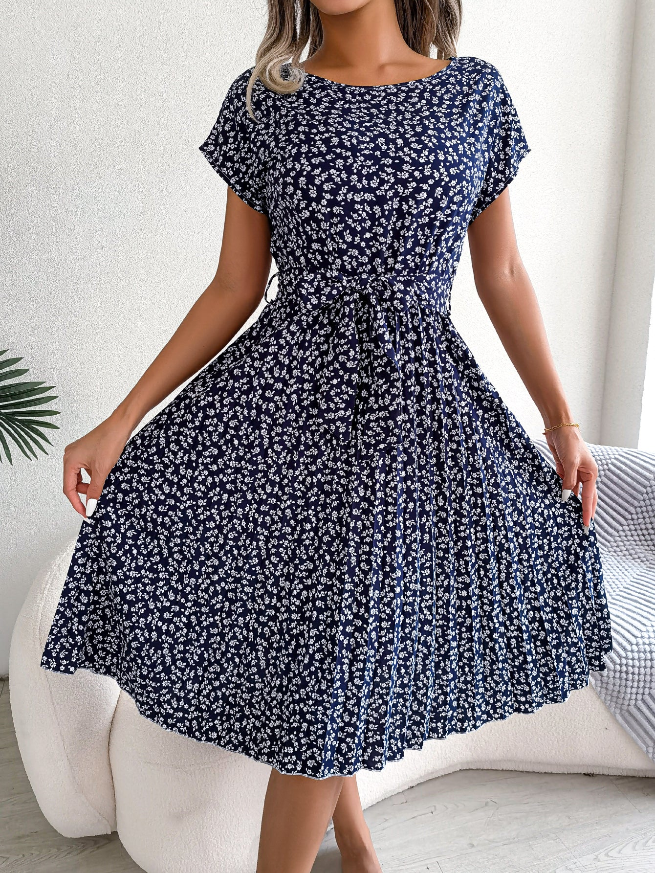 Women   Casual Short Sleeve Floral Print Flowy Pleated Skirt