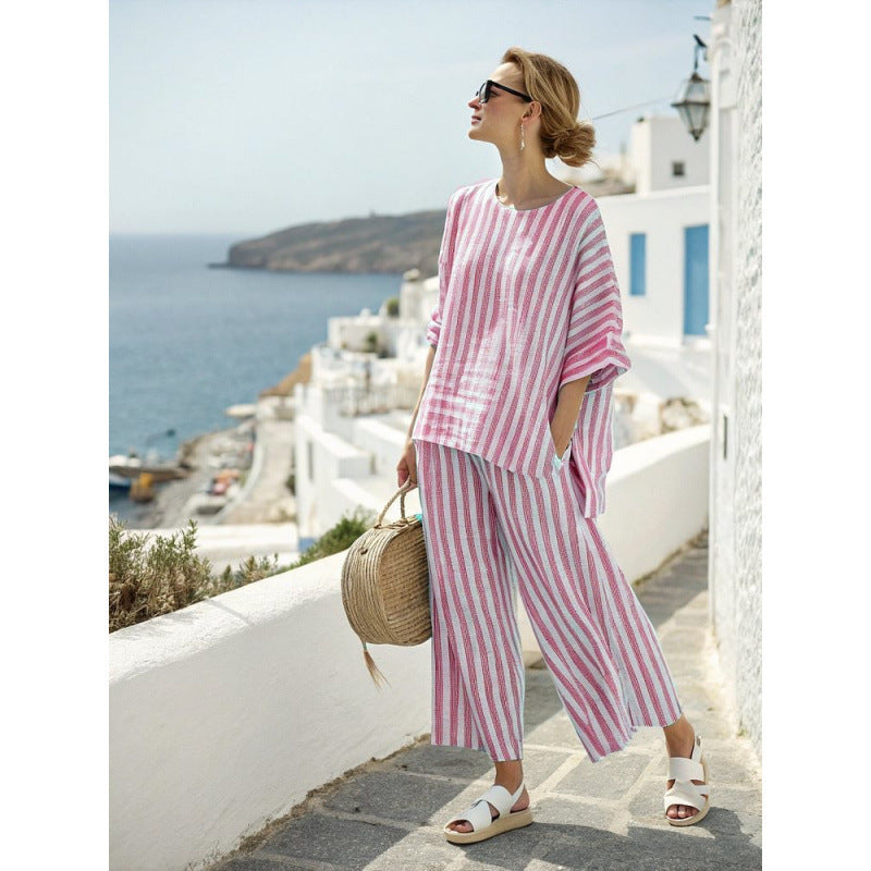 Summer Loose Casual All-Match V-Neck Ruffle-Sleeve Shirt Set