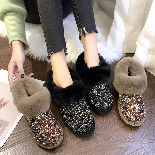 Fashion All-match Soft-soled Sequined Snow Boots Women's Fur In One