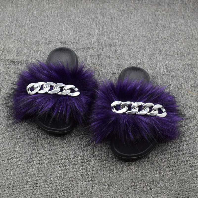 Fur Fur Slippers Chain Faux Fur Flip Flops