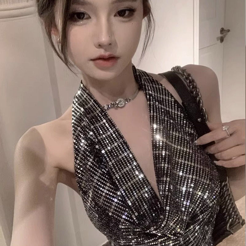 Pure And Seductive Spicy Girl Sequin Halterneck Camisole