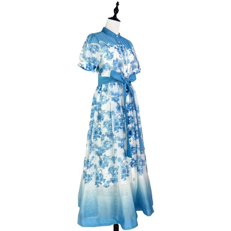 Single Breasted Bubble Sleeve Printed Lace Up Dress