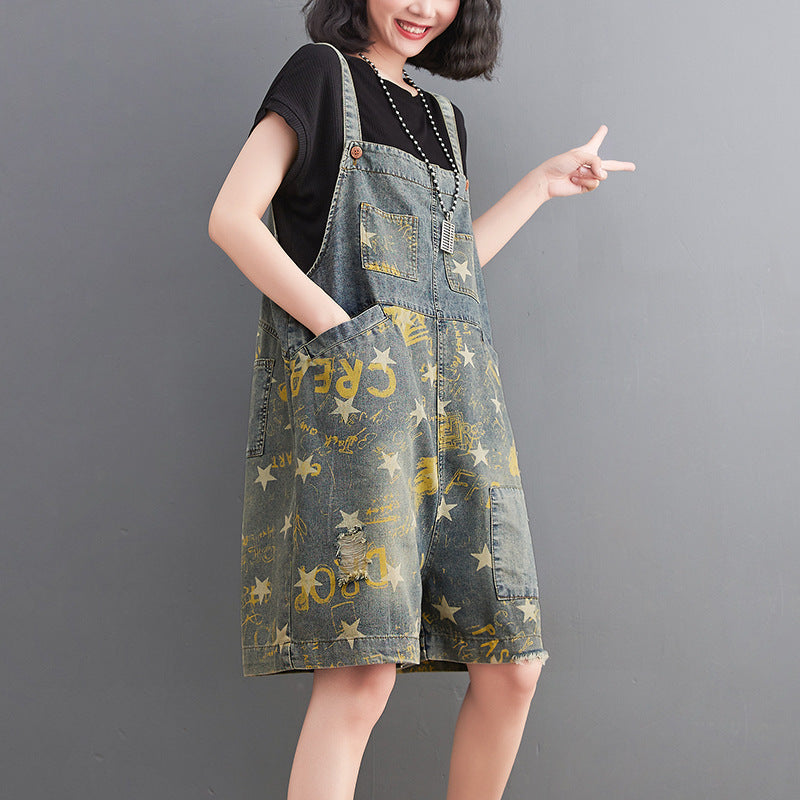 Fat Sister Nostalgic Pentagram Print Denim Bib Shorts